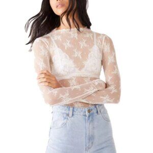 Free People Ivory Long Sleeve Lace Shirt